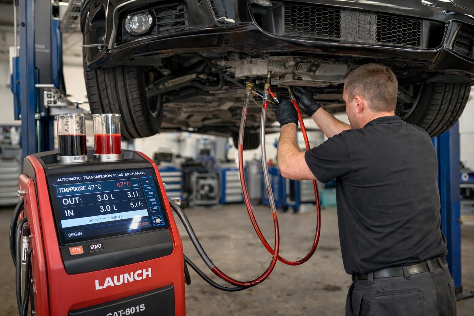 Dynamic transmission fluid exchange on a lifted vehicle